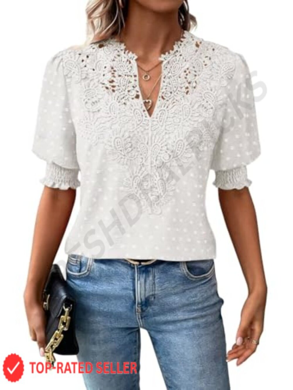 Boho Swiss Dot Lace V-Neck Puff Sleeve Tunic Blouse
